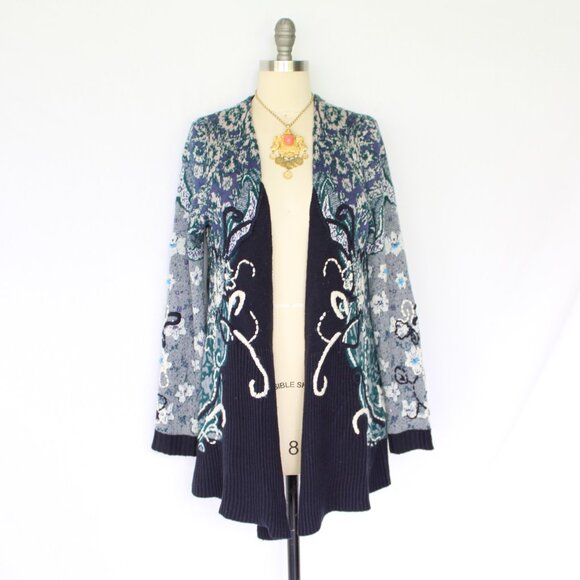 Anthropologie HWR Monogram Emma embroidered wool waterfall Cardigan Sweater M - Picture 6 of 12
